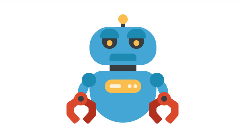 Animated blue robot with red claw hands and yellow details, featuring a simple design, ideal for technology and automation themes.
