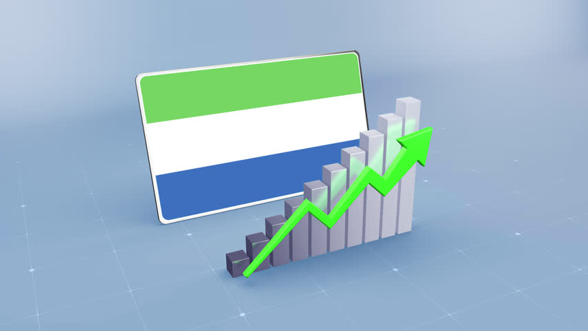 Sierra Leone Flag Superimposed on a Rising Bar Graph with a Green Arrow Indicating Economic Growth and Positive Trend.