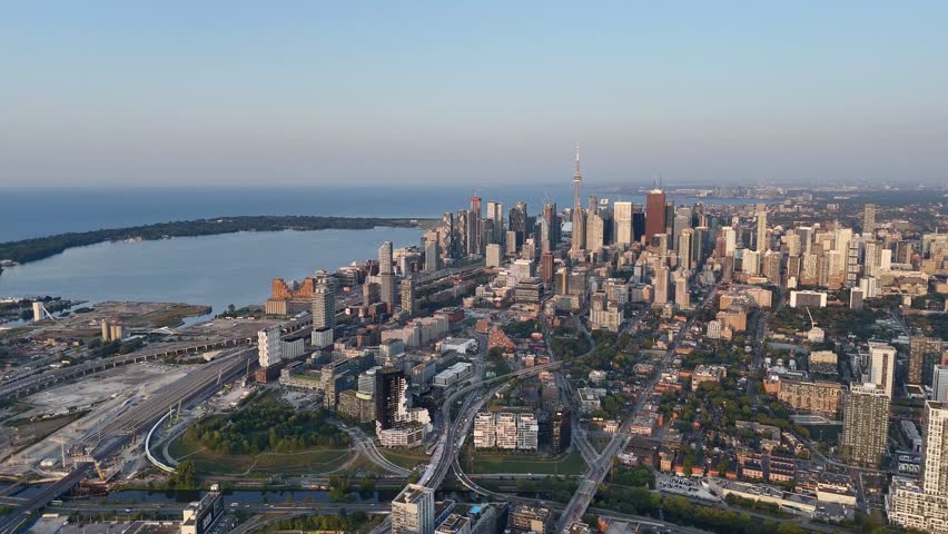 Aerial cityscape of Toronto downtown and waterfront at dusk and dawn. g.