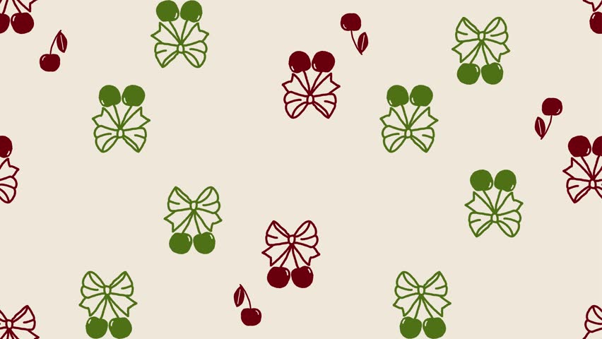 Looping animated background of hand drawn red and green Christmas cherries with bows and leaves, cute seamless motion design for festive holiday themes and food-related videos