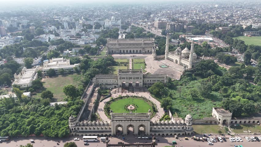 Aerial 4k shot of Bara Imambara at Husainabad, Lucknow, Uttar Pradesh, India
