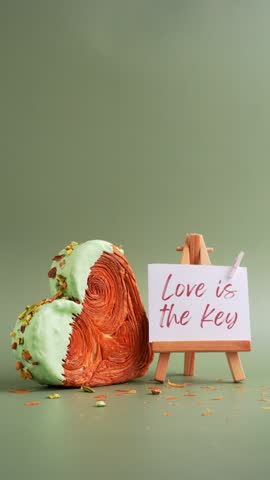 LOVE IS THE KEY text on paper note. Morning card Valentines day gift present Heart shaped pistachio croissant on green background with copy space. Puff pastry trendy sweet dessert bakery. Creamy dough
