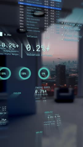 Animation of data processing over modern apartment and cityscape. Global business, digital interface, finances, computing and data processing concept digitally generated video.