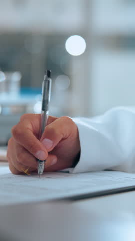 Document, hand of person in clinic with writing, healthcare research or checklist for pharmaceutical study. Medical, bokeh or scientist in lab with note, analysis or results for cure development.