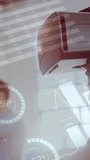 Animation of data, charts and digital interface over smiling woman wearing VR headset using virtual screen, with colleague in the background. Global digital network concept digital composite. - Powered by Shutterstock - Get 15% off with code: PIKWIZARD15