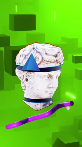 Animation of antique sculpture heads over shapes on green background. Antique art, global computing, transfer and data processing concept digitally generated video.