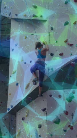 Animation of globe with data processing over caucasian woman climbing wall. Global sports, science, computing, digital interface and data processing concept digitally generated video.