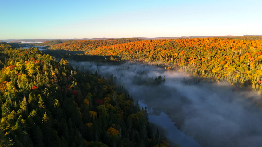 Aerial view of autumn forest and mountains in vivid colors with morning fog in Mauricie, Quebec, Canada. Soft sunlight illuminates the colorful foliage over peaceful wilderness.