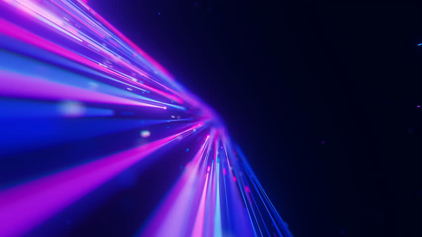 Big data light speed direct flow to infinity. Abstract digital data stream of quantum computing. Cyberspace of qubit trails. Modern tech information transmission.