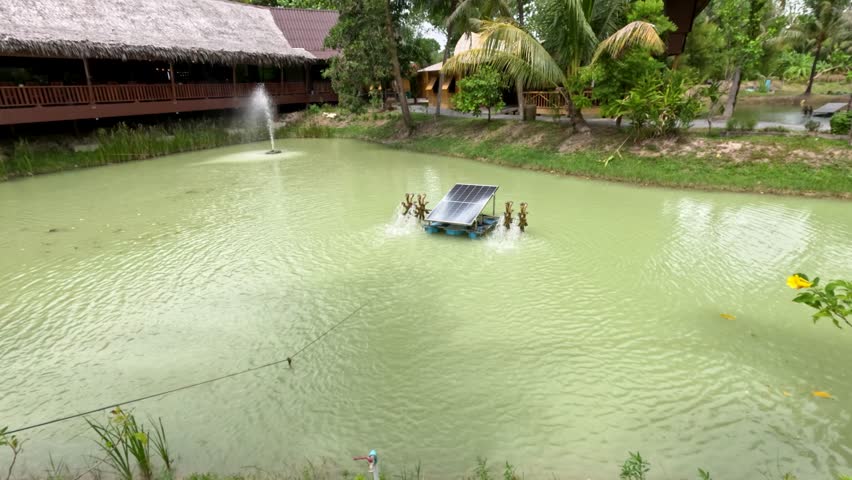 Solar paddle wheel aerator circulates green pond water, daylight, lush tropical setting, steady wide shot