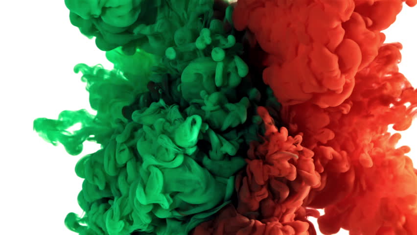 Green and red ink in water on a white background. Filmed on a high-speed camera at 1000 fps. High quality FullHD footage