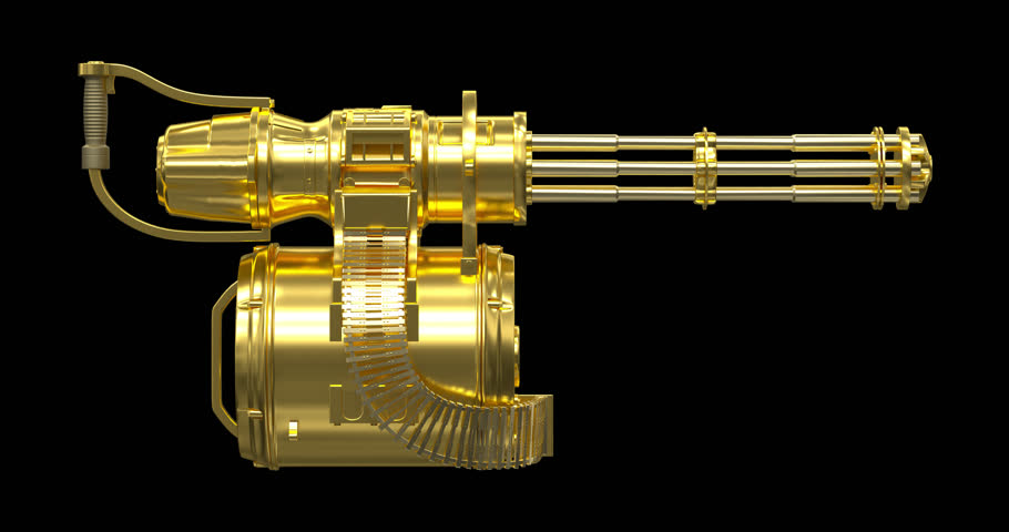 High-detail minigun rotating on a transparent alpha channel in a seamless loop. Ideal for VFX, sci-fi scenes, and weapon animations.