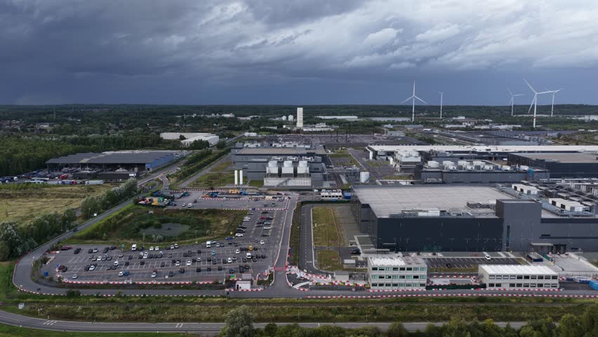 Data center in Belgium. Power of AI, cloud services and big data computing. Aerial drone video.