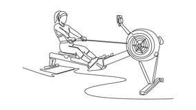 Animated self drawing of continuous line draw active woman is performing full-body cardio workout on rowing machine. Endurance, focus, and dynamic fitness training. Full length single line animation - Powered by Shutterstock - Get 15% off with code: PIKWIZARD15