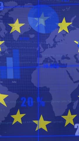 European Union stars animation over world map with financial data and charts. finance, economy, analysis, global, business, market