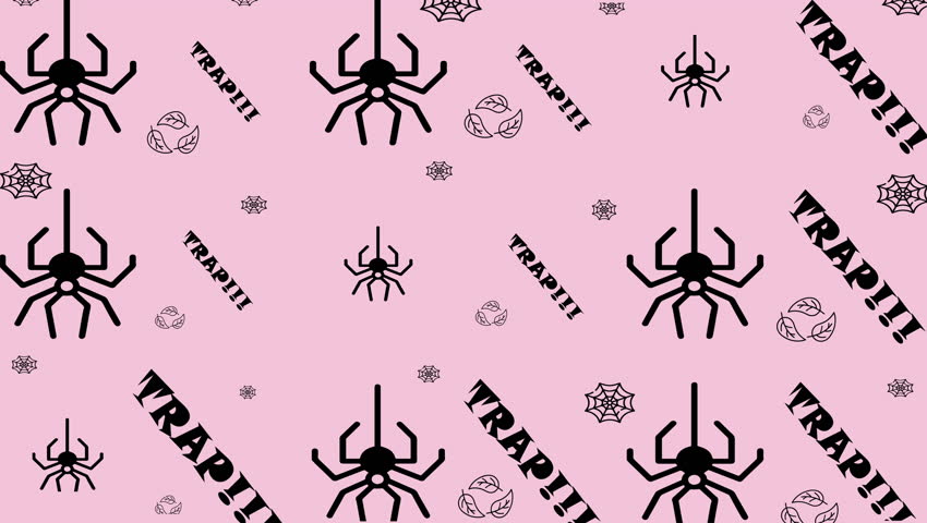 Pink seamless pattern with spiders, webs, and bold text “TRAP!!!”. Modern Halloween or danger-themed background design.