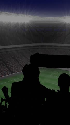 Animation of graphs and data processing over cheering fans at sports stadium. sport, competition, global communication and digital interface concept, digitally generated video.