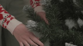Close up of hands adjusting artificial Christmas tree branches before holiday decoration at home. Concept of Christmas preparation and winter celebration - Powered by Shutterstock - Get 15% off with code: PIKWIZARD15