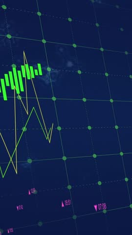 Animation of financial data processing over molecules on black background. Global medicine, science, computing and digital interface concept digitally generated video.