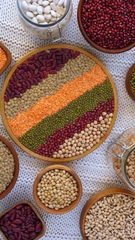 Colorful selection of raw legumes rotating on a rustic surface, showcasing a variety of beans, lentils, and chickpeas perfect for a healthy diet, plant based protein, and vegan lifestyle