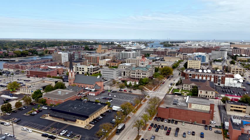 aerial fast push in to downtown green bay wisconsin