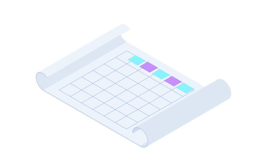 An isometric 2D animation featuring a scroll or blueprint paper pinned to a surface. The scroll displays a dynamic bar chart, a detailed line graph, and an area chart, representing comprehensive busin