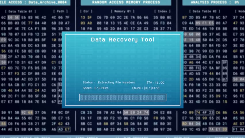 Data recovery process screen on cloud storage server, database protection backup for restore secure file sharing network, cyber security software technology, retro binary computer repair monitor UI