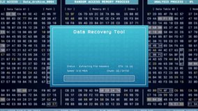 Data recovery process screen on cloud storage server, database protection backup for restore secure file sharing network, cyber security software technology, retro binary computer repair monitor UI - Powered by Shutterstock - Get 15% off with code: PIKWIZARD15
