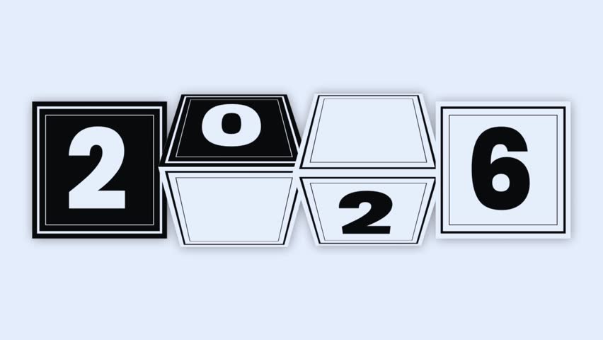 Black-and-white flipping cubes dynamically display 2026 in a minimalist design, creating elegant motion perfect for New Year countdowns and sophisticated holiday themes.
