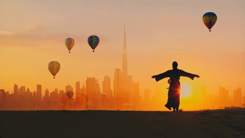Back view of woman wear at Arab traditional dress Abaya. Dubai city silhouette on a sunset and hot air balloons in the sky.