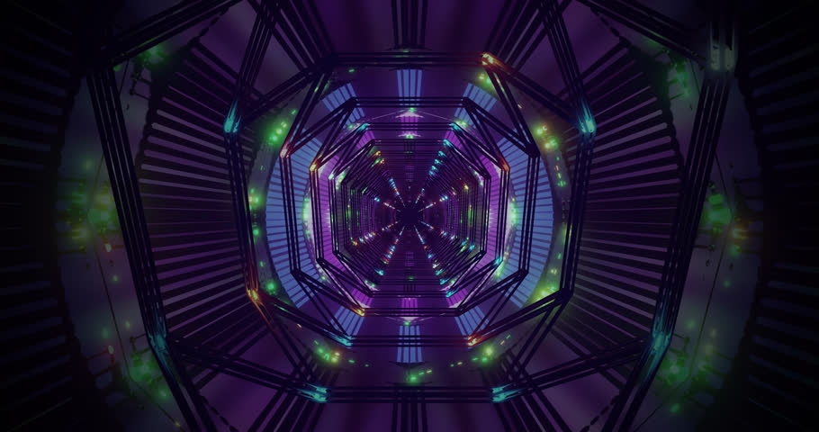 An abstract 3d looping neon vibrant colorful infinite tunnel with a dynamic geometric pattern and lights