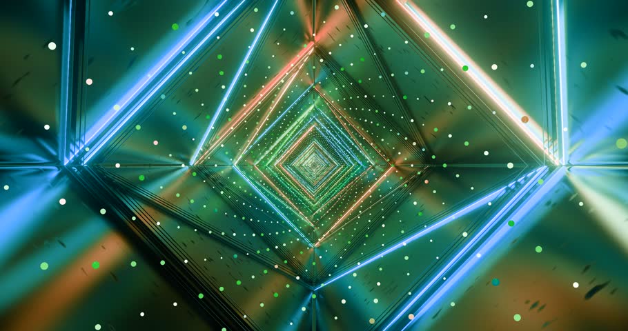 An abstract 3d looping neon vibrant colorful infinite tunnel with a dynamic square pattern and swirling lights