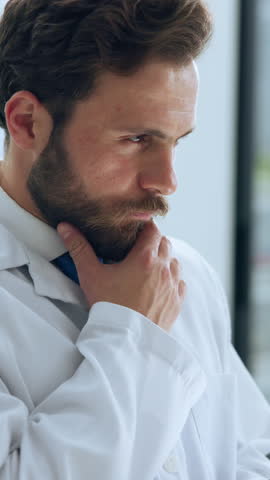 Pathology, man and scientist thinking in lab, medical solution ideas and ponder disease vaccine. Science innovation, problem solving or person contemplating clinical cure, trial reflection or wonder