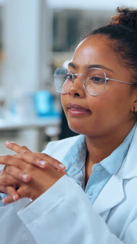 Pharma, woman and scientist thinking in lab, medical solution ideas and ponder drug test. Science innovation, problem solving and person contemplating medicine, trial reflection and clinical cure.