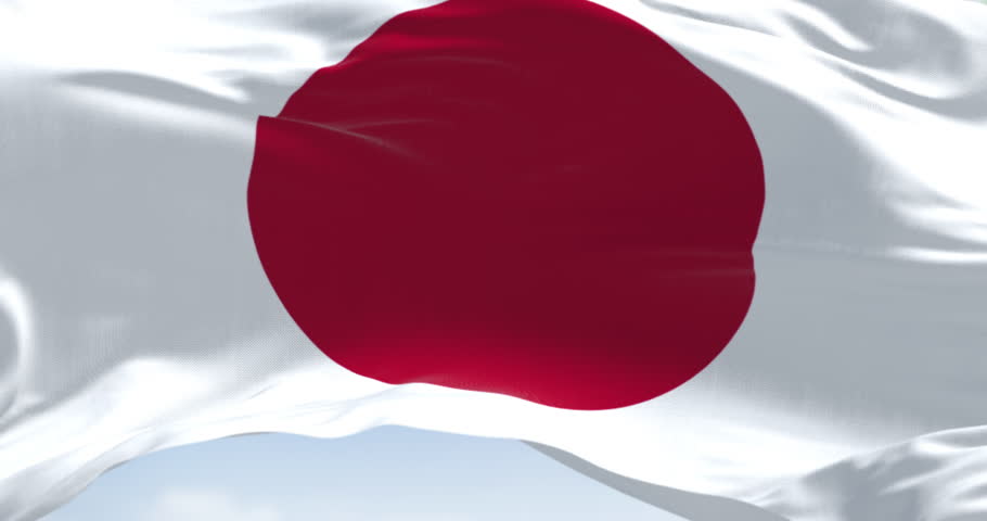 Close-up of Japan national flag waving in the wind. Red disc on a white field. Japan is an island country in East Asia. Seamless 3d render animation. Slow motion loop.