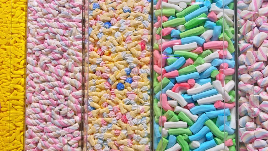 Colorful candies displayed in a sweet shop, neatly arranged in transparent containers. Bright pastel sweets symbolizing sugar, confectionery, and sugar-free treat concepts.