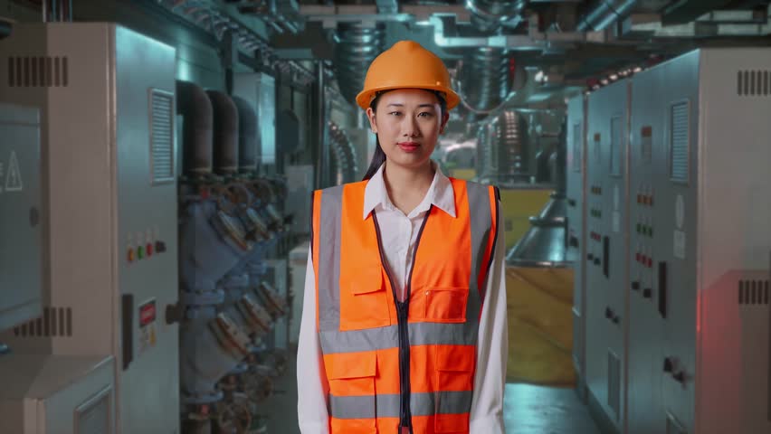 Asian Female Engineer Wearing Safety Helmet Smiling To Camera While Standing With Arms Akimbo In Engine Control Room, Work Of Electrical Generators