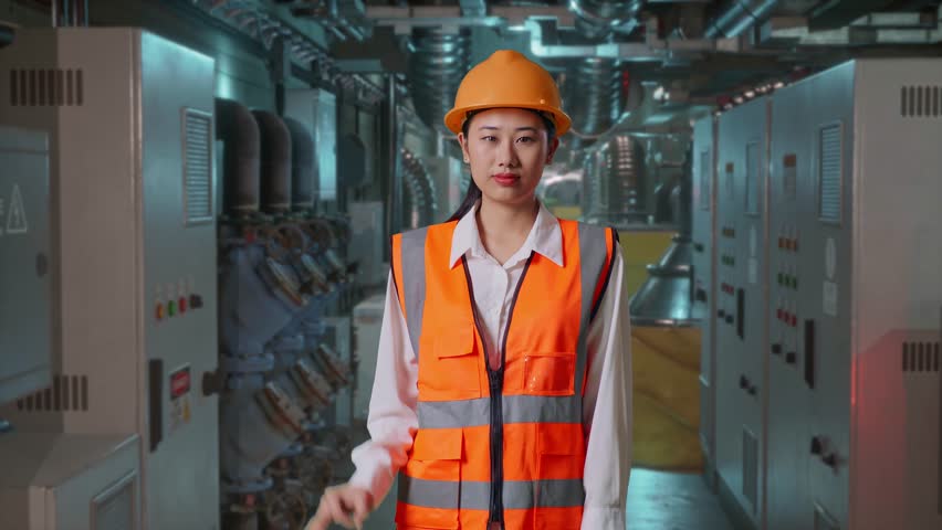 Asian Female Engineer With Safety Helmet Smiling And Showing Okay Gesture To The Camera While Standing In Engine Control Room, Work Of Electrical Generators