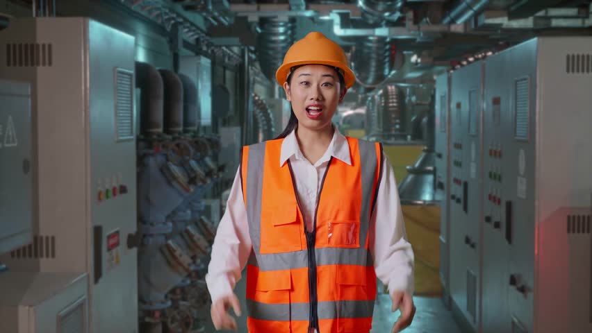 Asian Female Engineer With Safety Helmet Smiling To Camera And Saying Wow While Standing In Engine Control Room, Work Of Electrical Generators