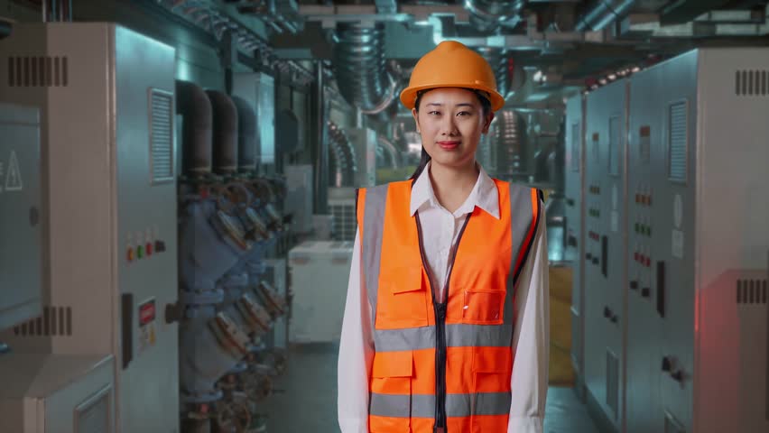 Asian Female Engineer With Safety Helmet Smiling And Pointing To Side While Standing In Engine Control Room, Work Of Electrical Generators