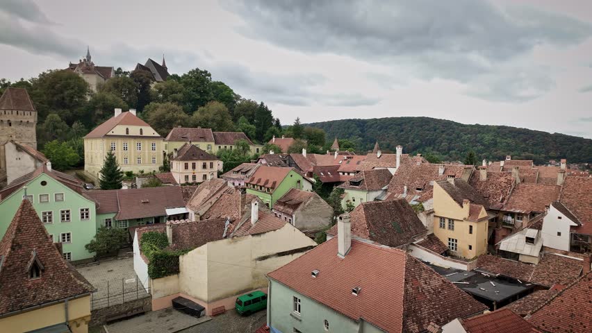 Elevated view of Sighisoara medieval citadel architecture Romania