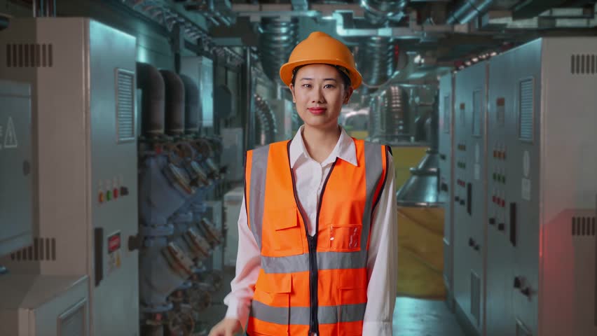 Asian Female Engineer With Safety Helmet Smiling And Showing Peace Gesture While Standing In Engine Control Room, Work Of Electrical Generators