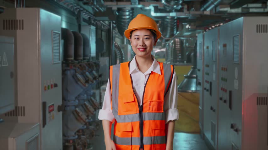 Asian Female Engineer With Safety Helmet Smiling And Showing Thumbs Up Gesture To The Camera While Standing In Engine Control Room, Work Of Electrical Generators