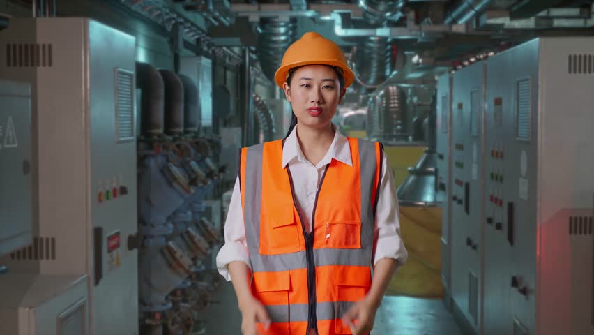 Asian Female Engineer With Safety Helmet Pray For Something While Standing In Engine Control Room, Work Of Electrical Generators