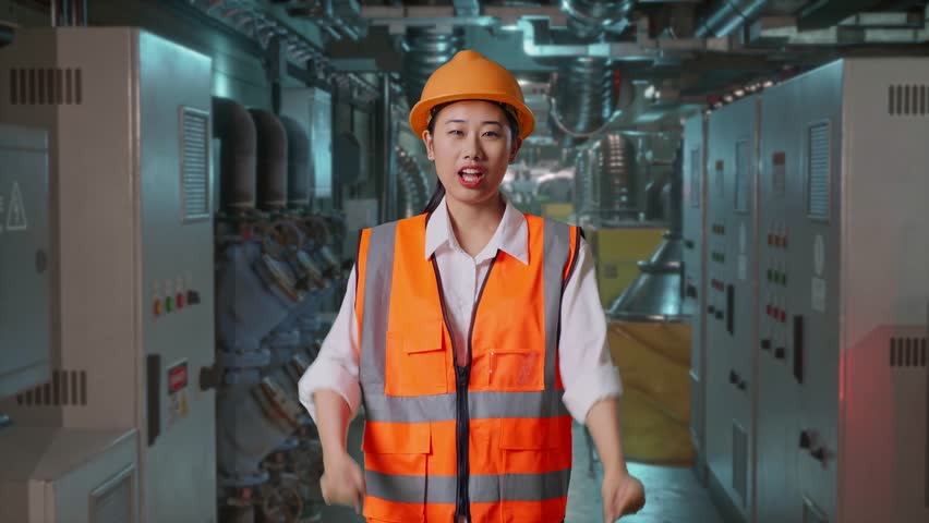 Asian Female Engineer With Safety Helmet Screaming Goal And Dancing Celebrating In Engine Control Room, Work Of Electrical Generators