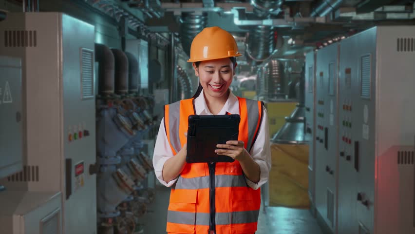 Asian Female Engineer With Safety Helmet Looking At The Tablet In Her Hand And Looking Around While Standing In Engine Control Room, Work Of Electrical Generators
