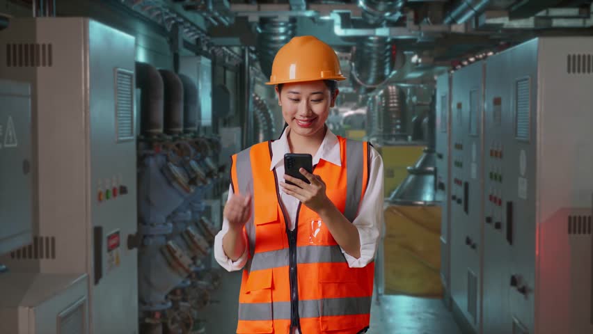 Asian Female Engineer With Safety Helmet Using Smartphone While Standing In Engine Control Room, Work Of Electrical Generators