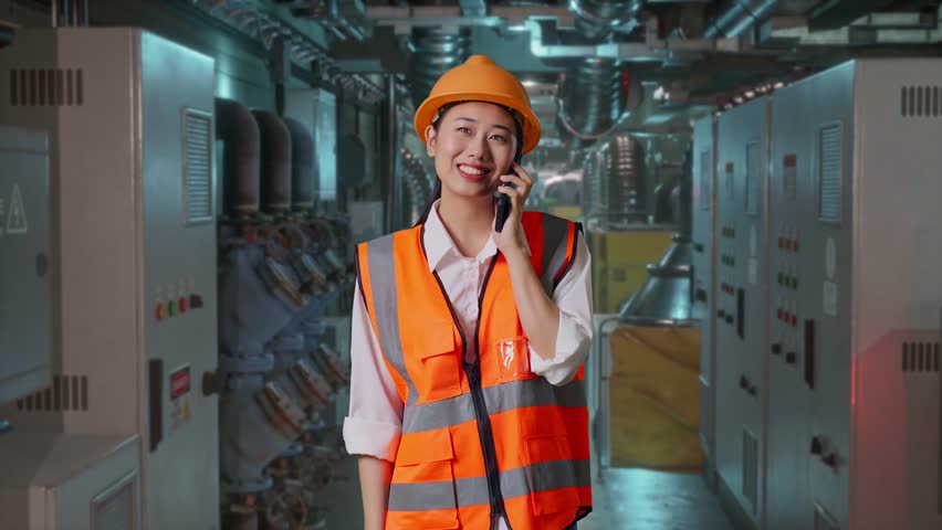 Asian Female Engineer With Safety Helmet Talking On Smartphone While Standing In Engine Control Room, Work Of Electrical Generators