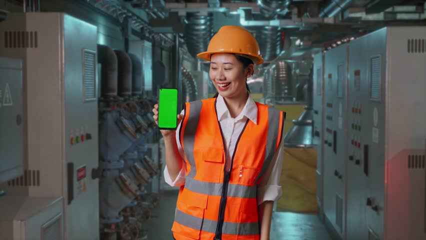 Asian Female Engineer With Safety Helmet Smiling And Showing Green Screen Smartphone To The Camera In Engine Control Room, Work Of Electrical Generators