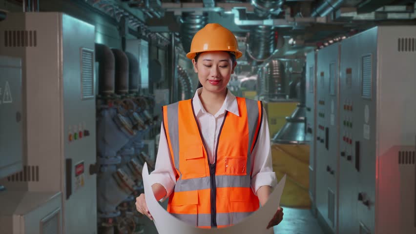 Asian Female Engineer With Safety Helmet Looking At Blueprint In Her Hands And Looking Around While Standing In Engine Control Room, Work Of Electrical Generators